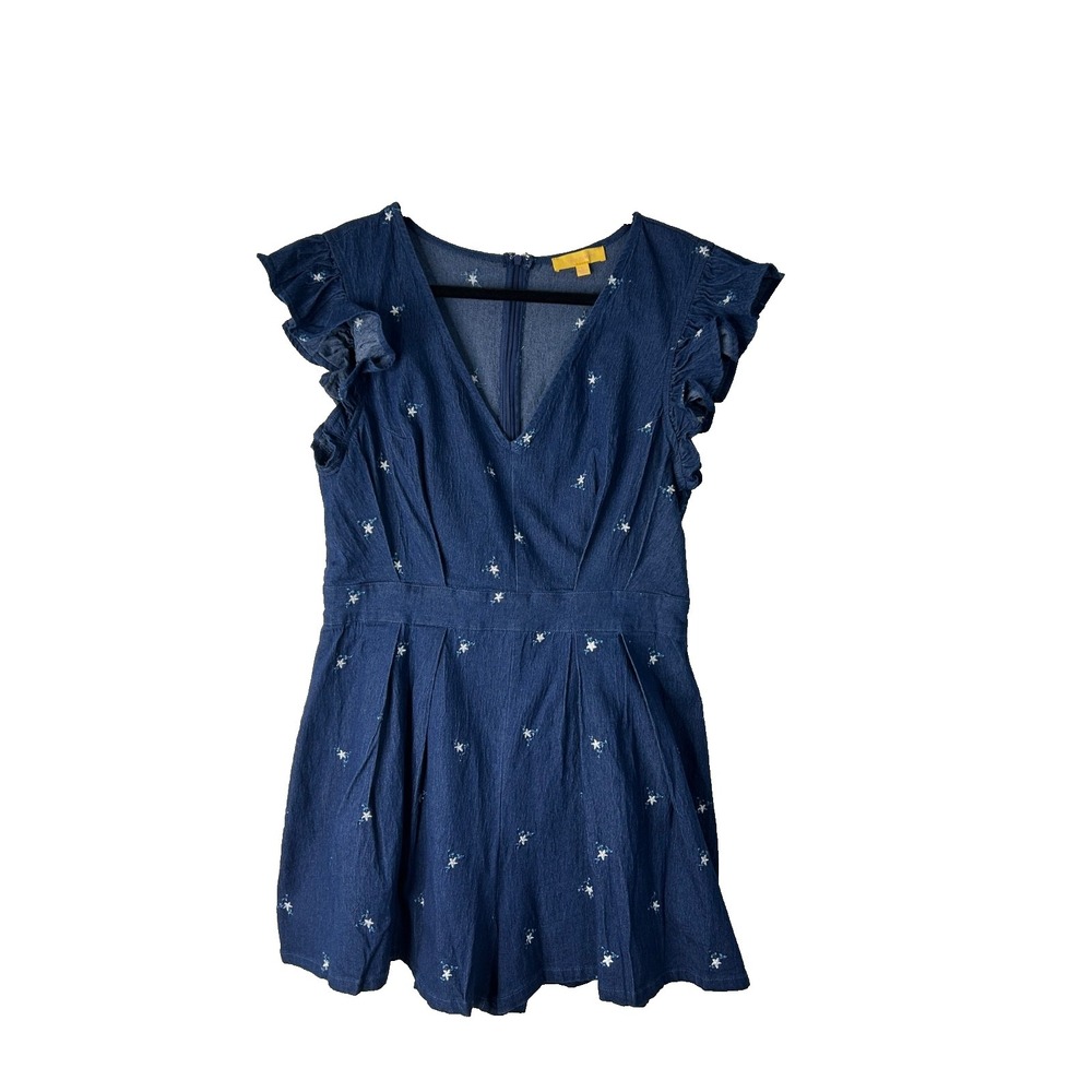 Flying Tomato Felicity Dark Indigo Woven Romper Size L Embroidered Denim Ruffle